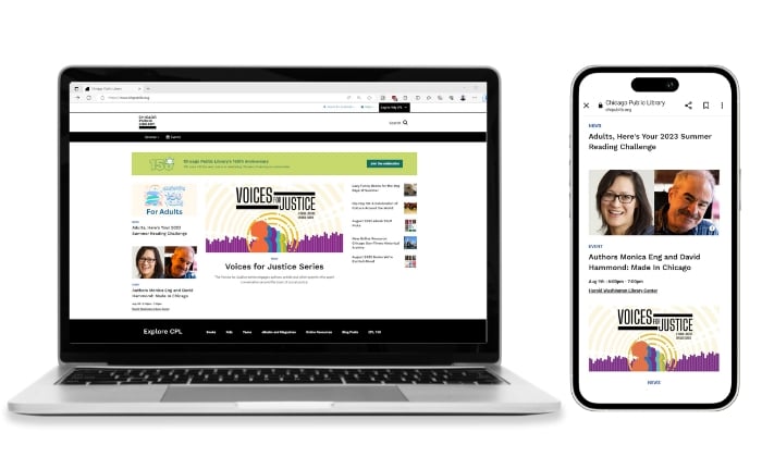 Image showing how Chicago Public Library's website adapts from desktop to mobile.