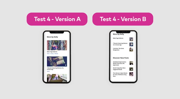Screenshots of the BiblioWeb blog feeds in mobile views. In this test, our team compared using full-sized cards to a grid-style layout.