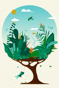 A person with long hair and a dress swings in a tree, which is animated with the canopy as a small biosphere with a rabbit, birds, butterflies and flowers.