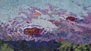 Painting showing a coastal landscape.