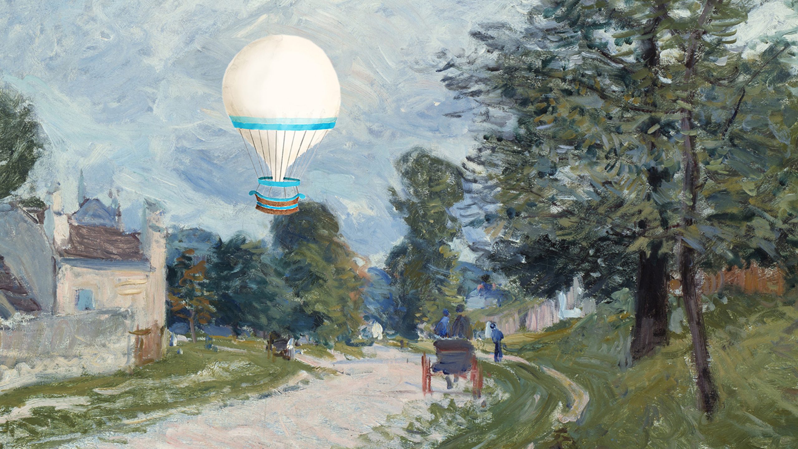Impressionist painting of a country road with people and a carriage, with a white hot air balloon in the sky.