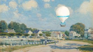 Landscape from 1875 or people walking next to a river.