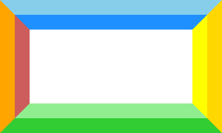 A box with a border that has four sides,
each side having two colors in stripes.
The top border is dodger blue and sky blue,
the right border is yellow and gold,
the bottom border is light green and lime green,
and the left border is indian red and orange.