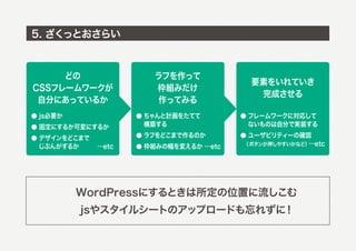 5. ざくっとおさらい


     どの               ラフを作って
                                         要素をいれていき
CSSフレームワークが           枠組みだけ
                                          完成させる
 自分にあっているか             作ってみる
● js必要か            ● ちゃんと計画をたてて        ● フレームワークに対応して
● 固定にするか可変にするか       構築する                ないものは自分で実装する

● デザインをどこまで        ● ラフをどこまで作るのか       ● ユーザビリティーの確認
  じぶんがするか   …etc   ● 枠組みの幅を変えるか …etc    （ボタンが押しやすいかなど）…etc




          WordPressにするときは所定の位置に流しこむ
          jsやスタイルシートのアップロードも忘れずに！
 