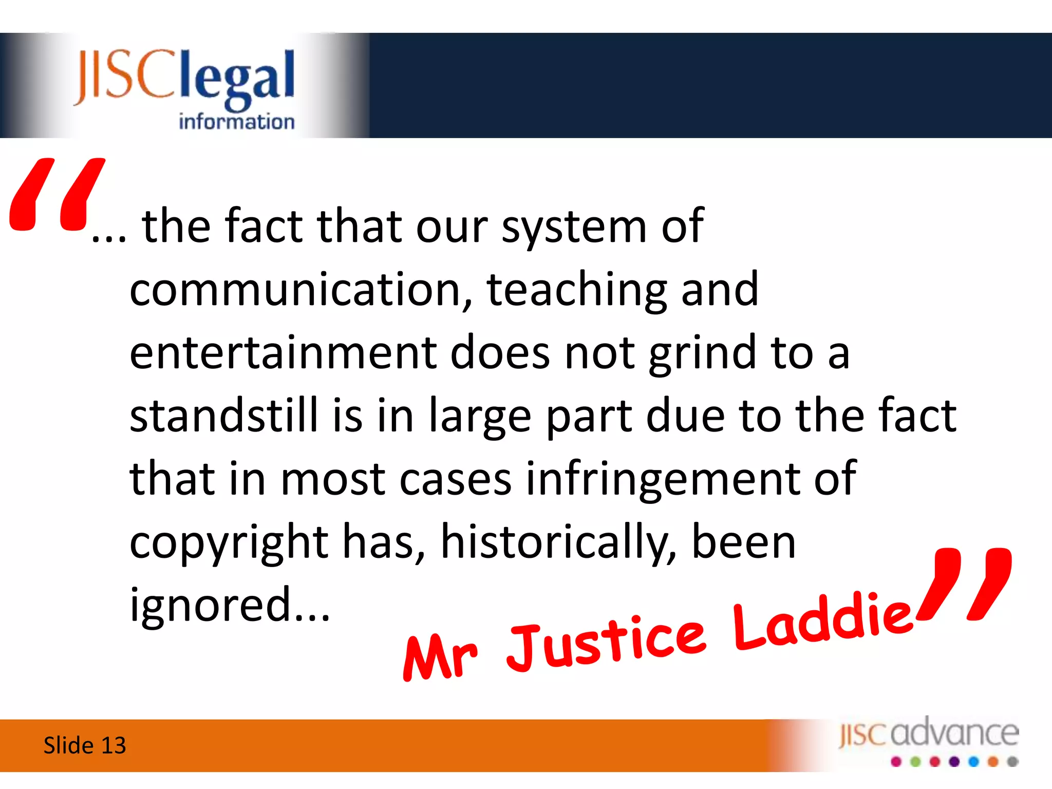 I Just Want Some ContentUse out-of-copyright materialUse ‘open’ licence copyright material(though be aware of conditions!)Use copyright exceptionsUse blanket licence