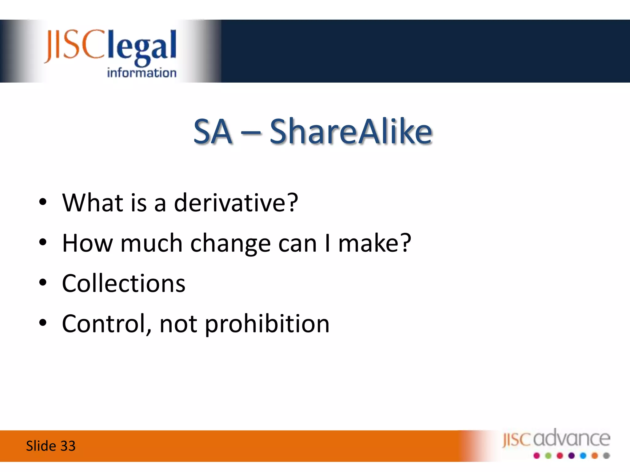 NC – Cut the Commerce!What does ‘non commercial’ mean?Applies to the activity, not the organisationRemedies for commercial ‘breach’Control, not prohibition