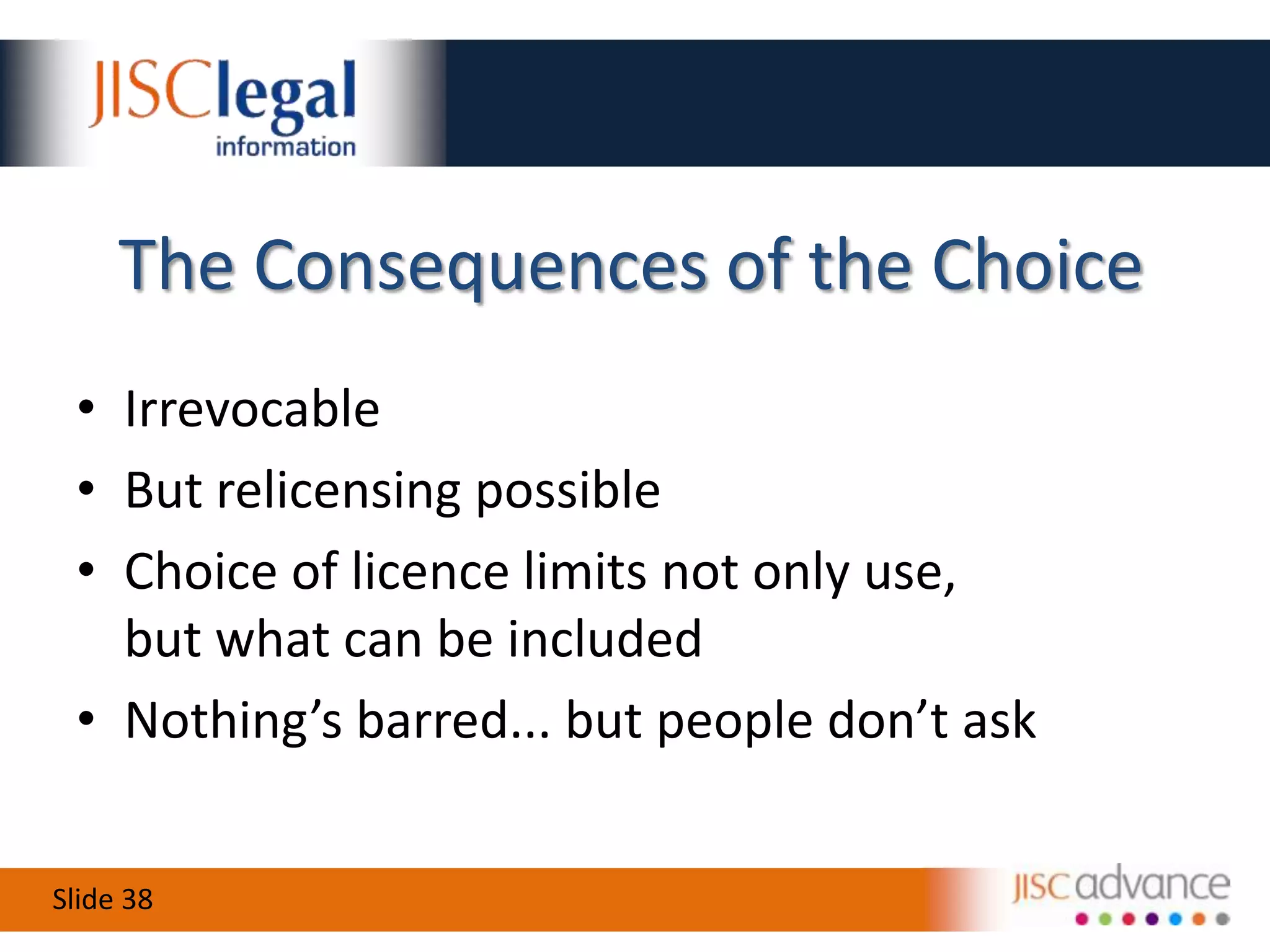 Some Scenarios for DiscussionBucks Fizz College decides it wishes to develop and promote a community of business tutors collaboratively creating materials across the FE sector.  It chooses a CC BY-NC-SA licence.  A good choice?