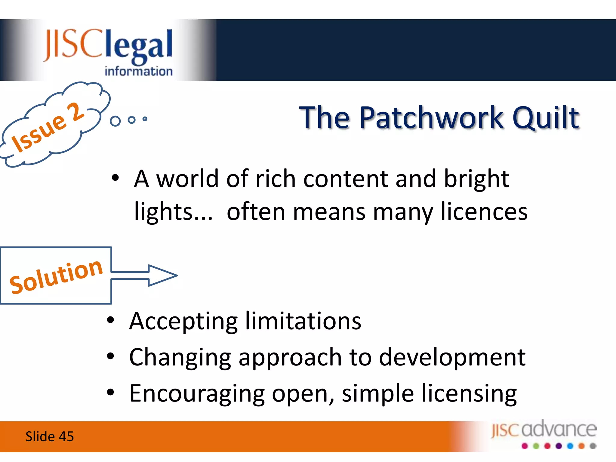 Understanding the CC LicencesIssue 1A learning curve for projects, creators and rights holdersThe “not quite CC” syndromeSolutionEducation and changing perceptions