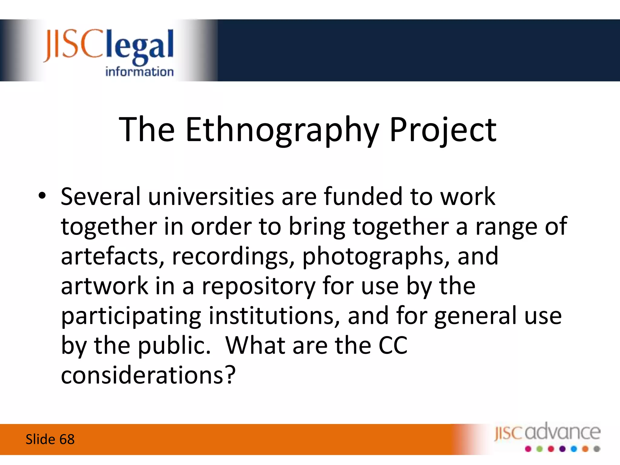 OER Without (Legal) TearsCopyright isn’t going to change much – live with that, and accept the legal realityBe mindful of tensions and sensitivities – CC involves giving something away, foreverAvoid of complex licensing – it’s easy for things to get out of hand.  “Link and split”!