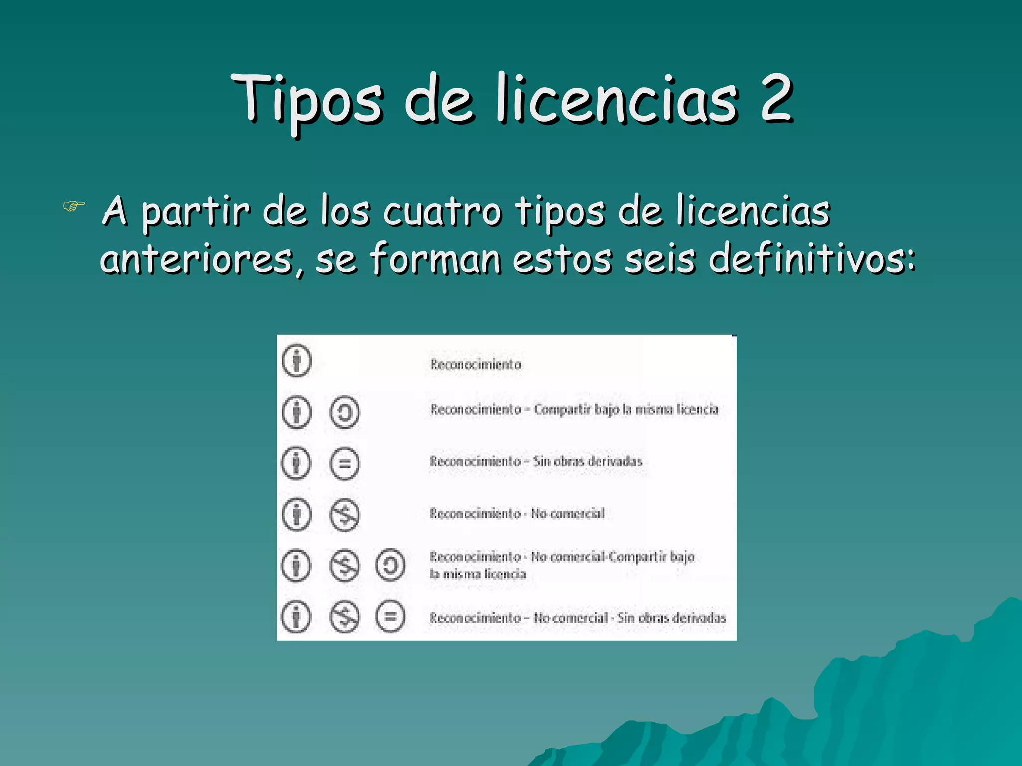 Tipos de licencias 2
   A partir de los cuatro tipos de licencias
    anteriores, se forman estos seis definitivos:
 