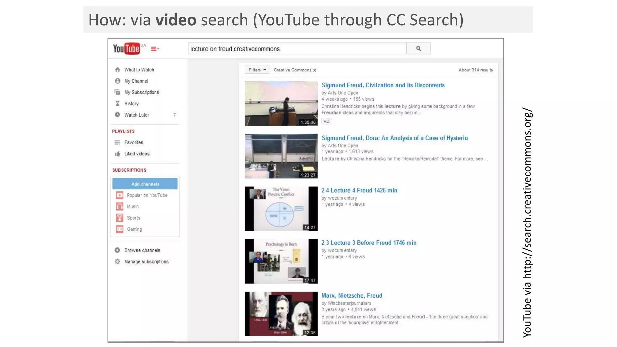 How: via video search (YouTube through CC Search)
YouTubeviahttp://search.creativecommons.org/
 