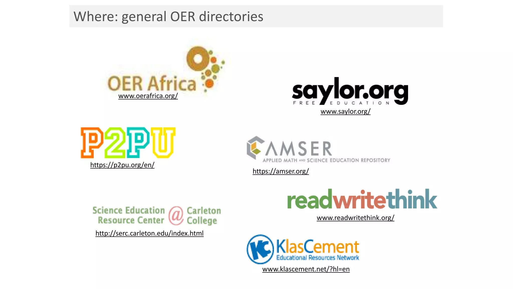 Where: general OER directories
www.oerafrica.org/
https://amser.org/
http://serc.carleton.edu/index.html
www.readwritethink.org/
https://p2pu.org/en/
www.saylor.org/
www.klascement.net/?hl=en
 