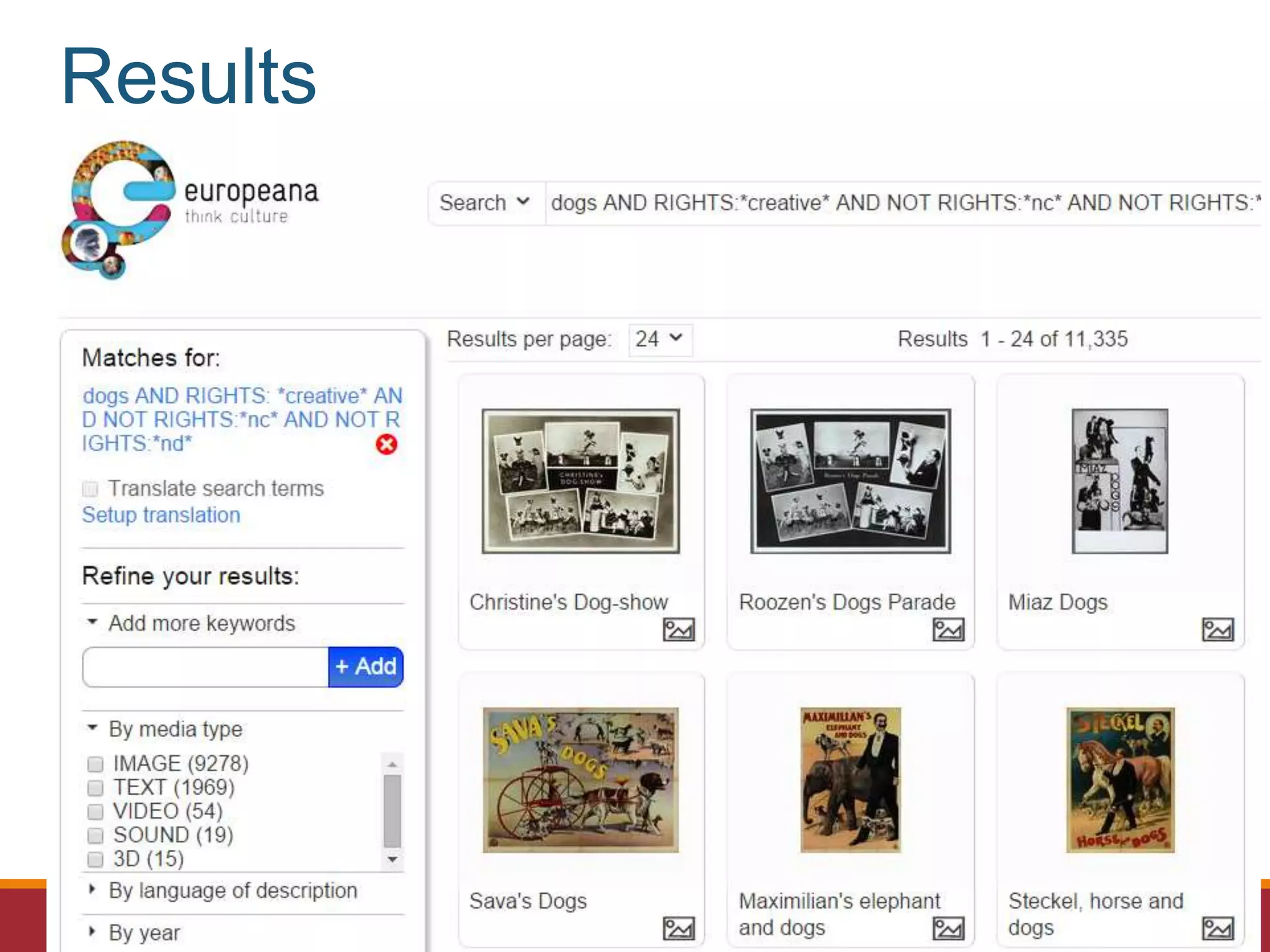 Searching by rights and multiple sites via
the CC search engine
Results
 