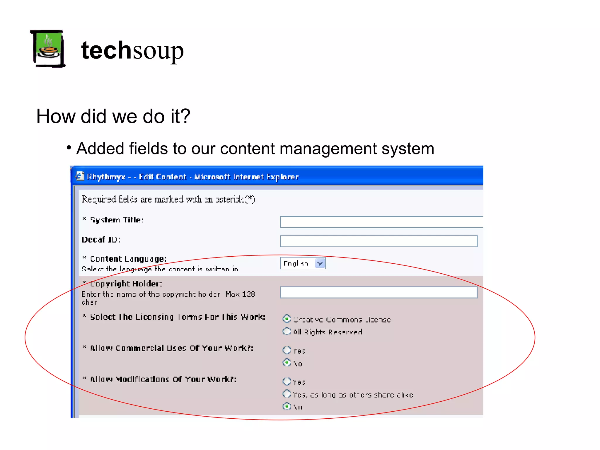 tech soup How did we do it? Added fields to our content management system 