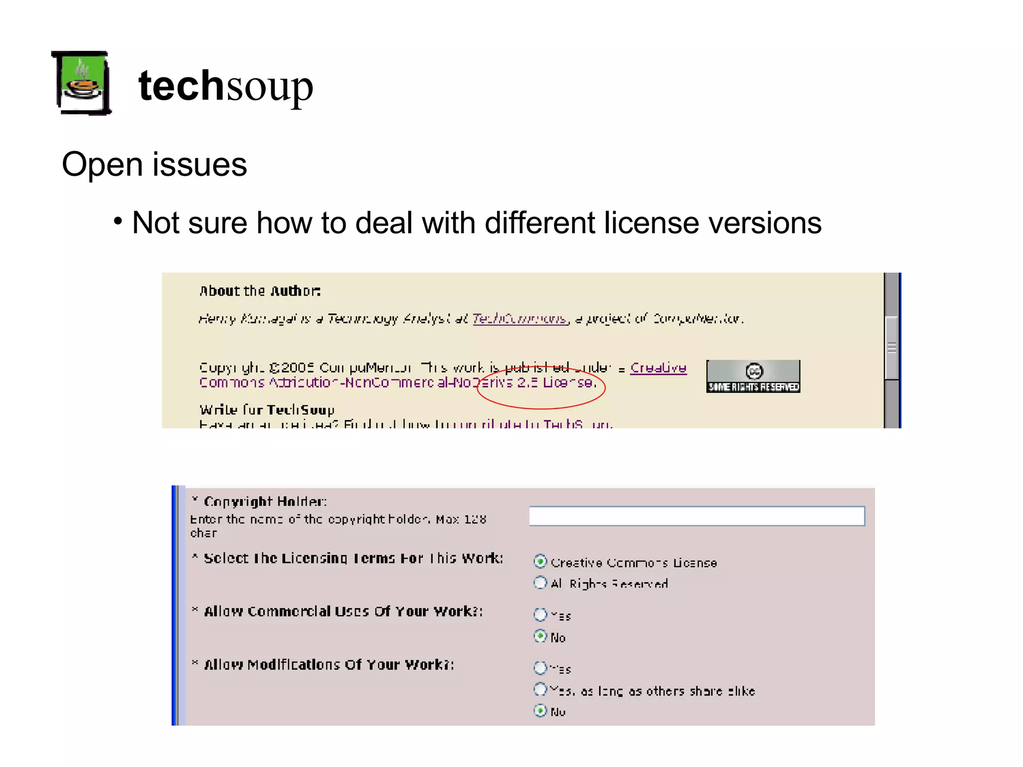 tech soup Open issues Not sure how to deal with different license versions 