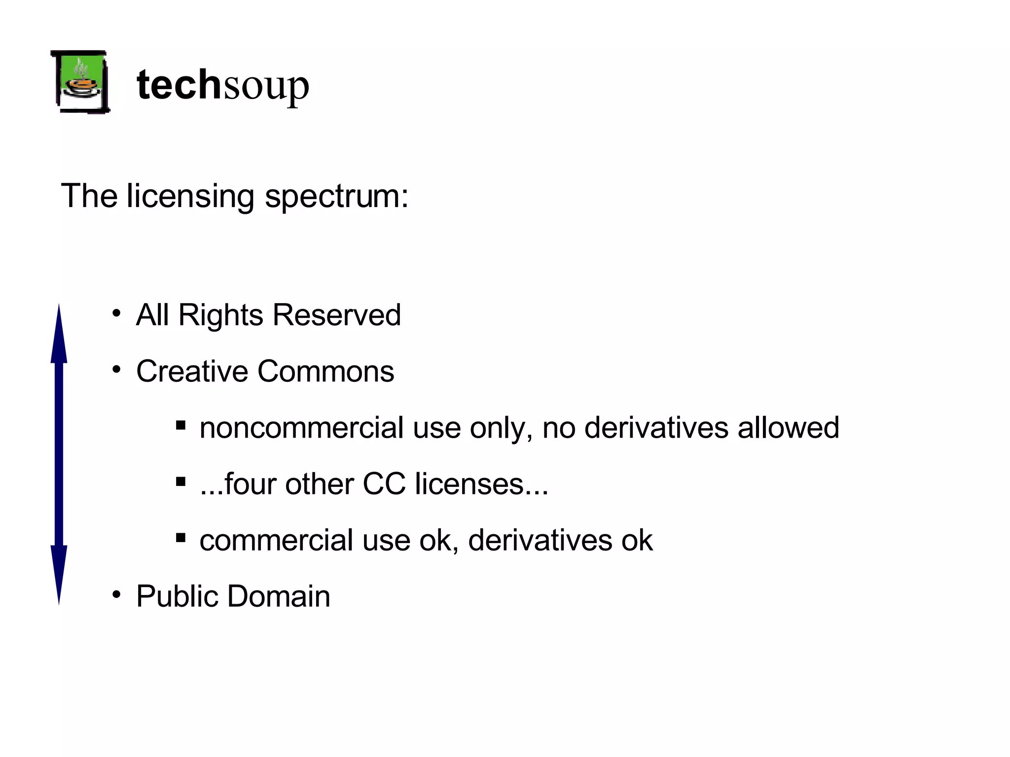 tech soup The licensing spectrum: All Rights Reserved Creative Commons noncommercial use only, no derivatives allowed ...four other CC licenses... commercial use ok, derivatives ok Public Domain 