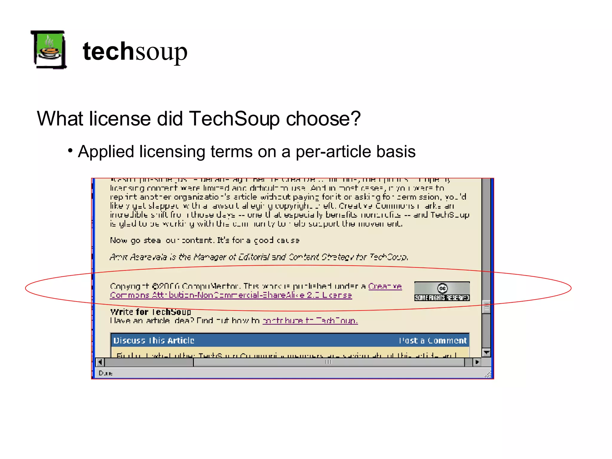 tech soup What license did TechSoup choose? Applied licensing terms on a per-article basis 