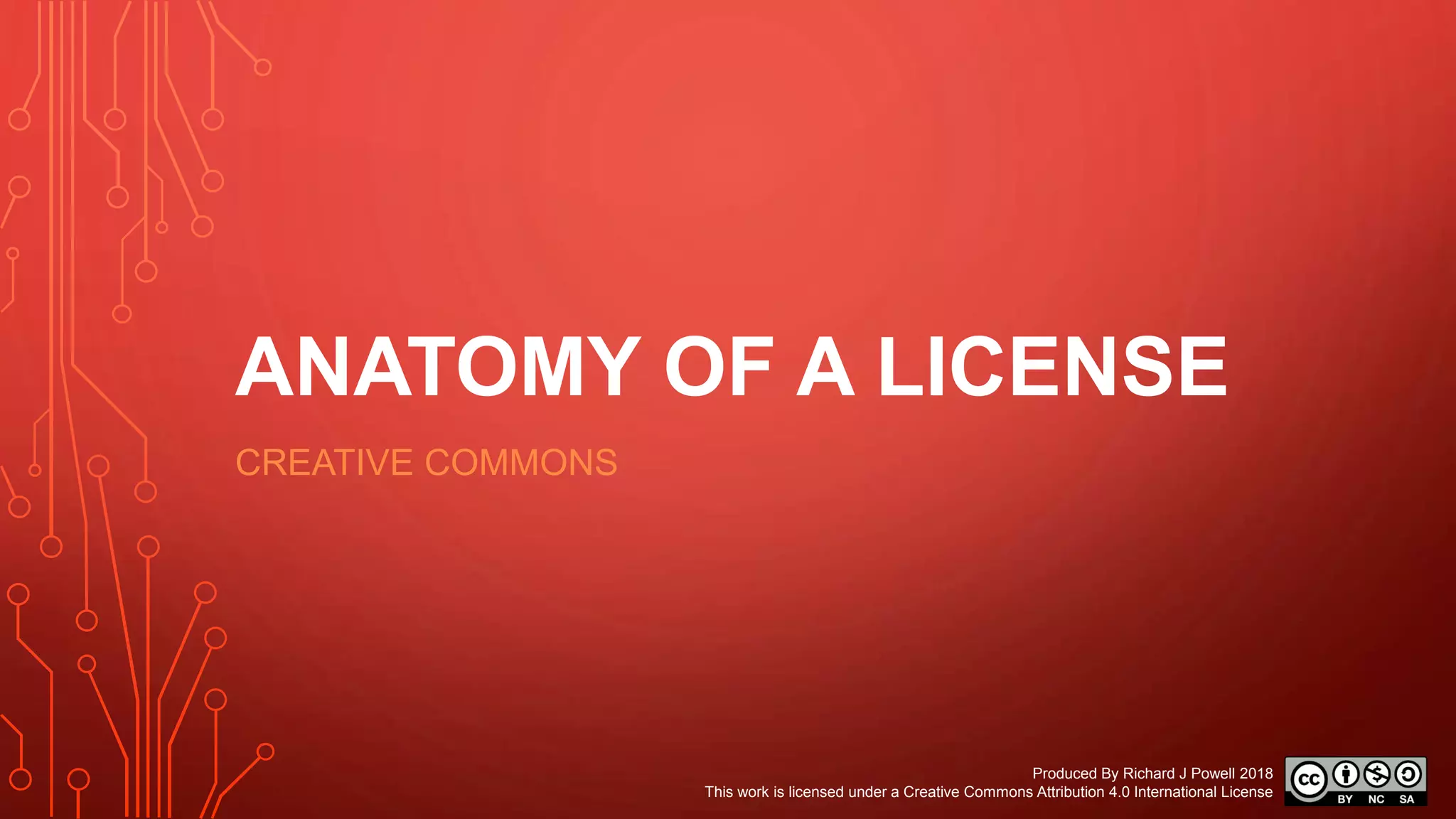 ANATOMY OF A LICENSE
CREATIVE COMMONS
Produced By Richard J Powell 2018
This work is licensed under a Creative Commons Attribution 4.0 International License
 