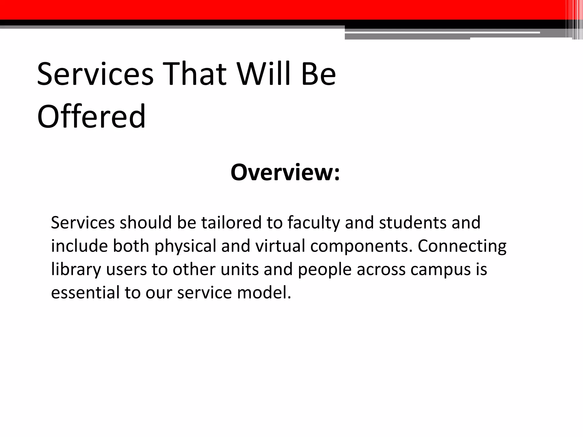 Services That Will Be
Offered
• Directories of multimedia software, equipment, and expertise
available at the University of Maryland
• “Pop up” spaces that campus units, community organizations, and
student groups can occupy for a semester at a time to try out
multimedia-related ideas
• Prototyping by staff to develop scalable multimedia tools and
objects will model how they can be used for teaching and learning.
• A multimedia “sandbox” for faculty and students to experiment with
new tools and technologies that they might want to use for projects,
assignments, research, etc.
 