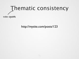 Thematic consistency
w3c-speak


            http://mysite.com/posts/123
 