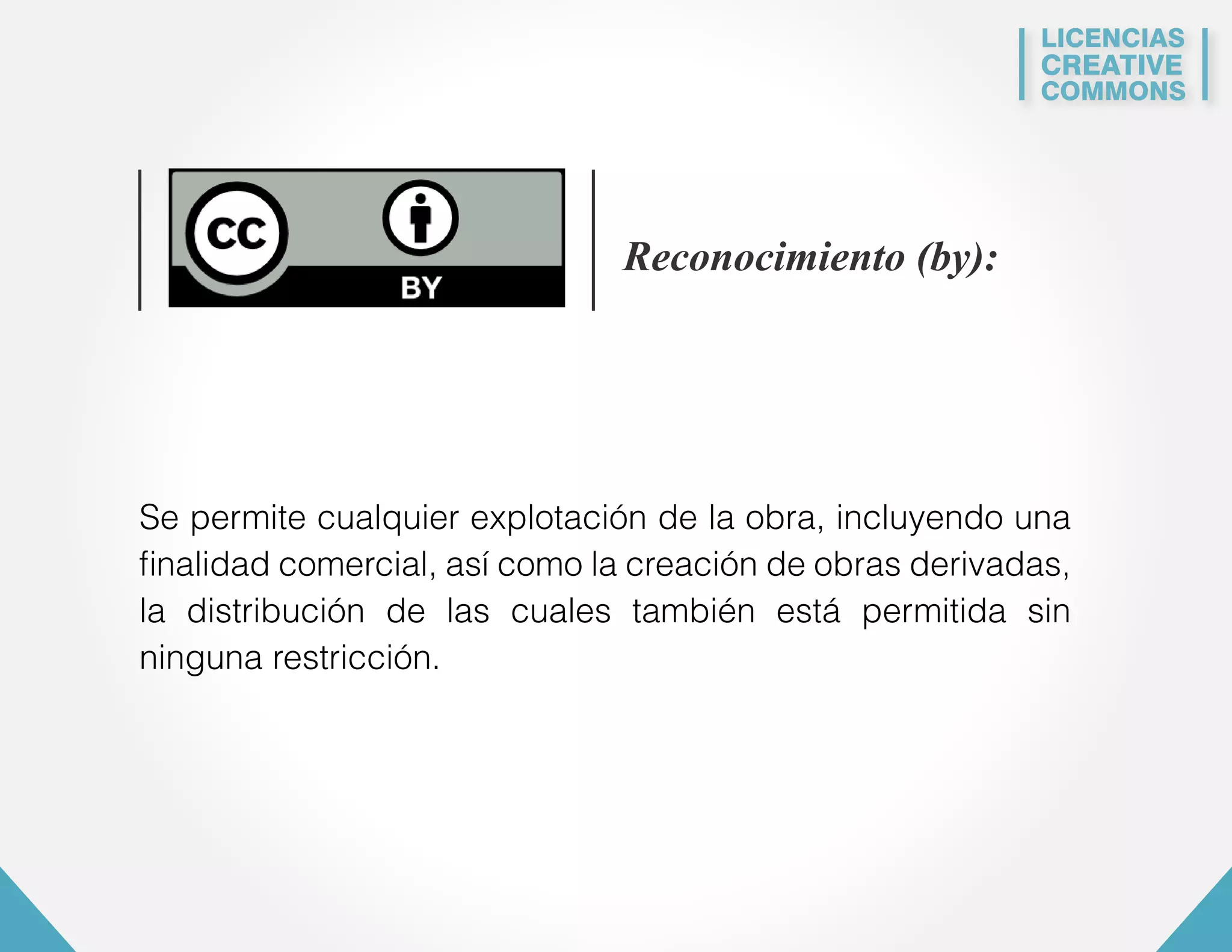 LICENCIAS 
CREATIVE 
COMMONS 
Reconocimiento (by): 
Se permite cualquier explotación de la obra, incluyendo una 
finalidad comercial, así como la creación de obras derivadas, 
la distribución de las cuales también está permitida sin 
ninguna restricción. 
 