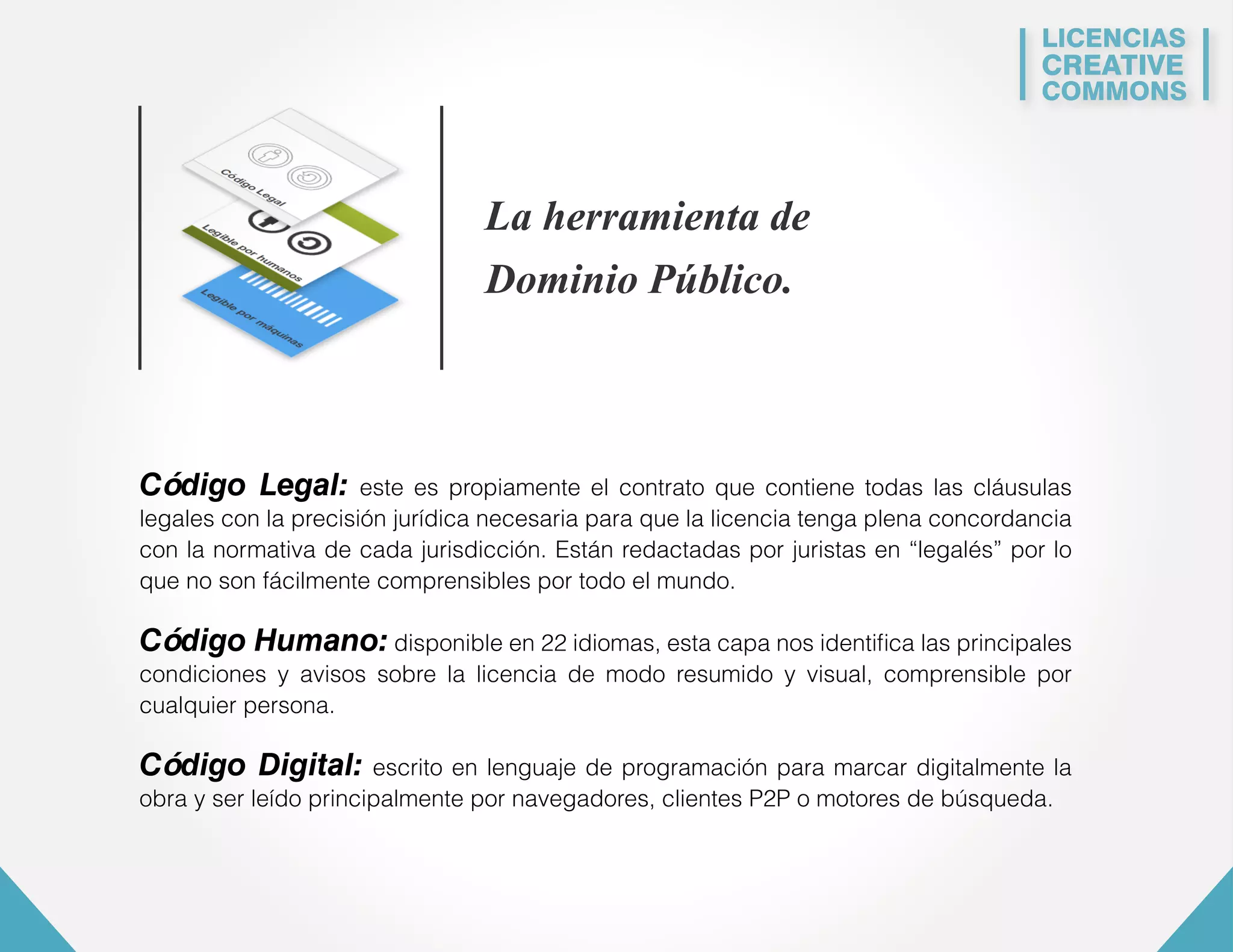 LICENCIAS 
CREATIVE 
COMMONS 
La herramienta de 
Dominio Público. 
Código Legal: este es propiamente el contrato que contiene todas las cláusulas 
legales con la precisión jurídica necesaria para que la licencia tenga plena concordancia 
con la normativa de cada jurisdicción. Están redactadas por juristas en “legalés” por lo 
que no son fácilmente comprensibles por todo el mundo. 
Código Humano: disponible en 22 idiomas, esta capa nos identifica las principales 
condiciones y avisos sobre la licencia de modo resumido y visual, comprensible por 
cualquier persona. 
Código Digital: escrito en lenguaje de programación para marcar digitalmente la 
obra y ser leído principalmente por navegadores, clientes P2P o motores de búsqueda. 
 