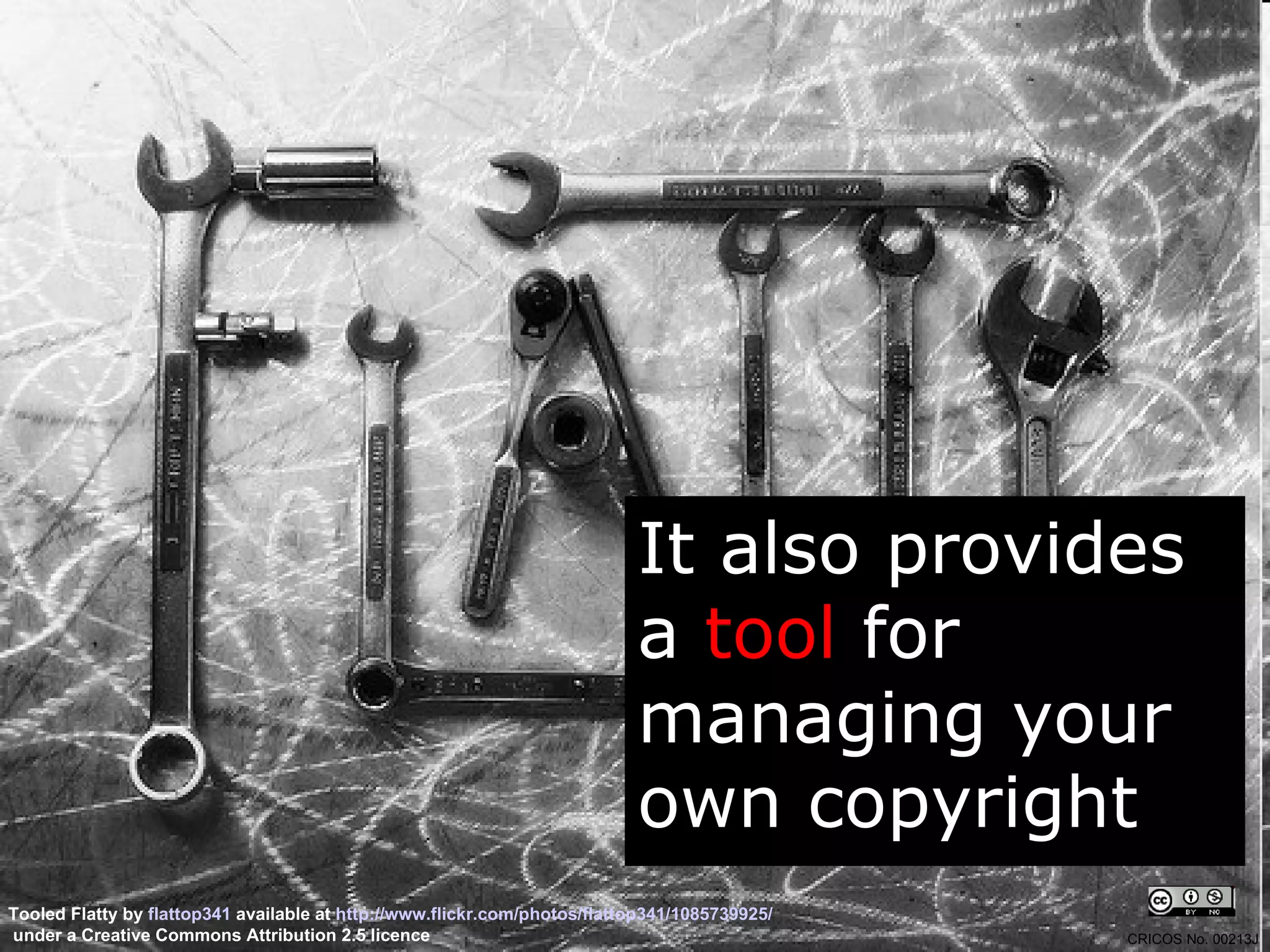 It also provides a  tool  for managing your own copyright Tooled Flatty by  flattop341  available at  http://www.flickr.com/photos/flattop341/1085739925/ under a Creative Commons Attribution 2.5 licence CRICOS No. 00213J   