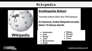 Wikipedia
creativecommons.or.id
Ensiklopedia Bebas!
Tersedia dalam lebih dari 299 bahasa!
Di Indonesia, Artikel Wikipedia tersedia
dalam 10 bahasa daerah:
● Indonesian
● Aceh
● Banjar
● Jawa
● Banyumasan
● Bugis
● Melayu
● Minang
● Sunda
● Tetun
Wikipedia
 