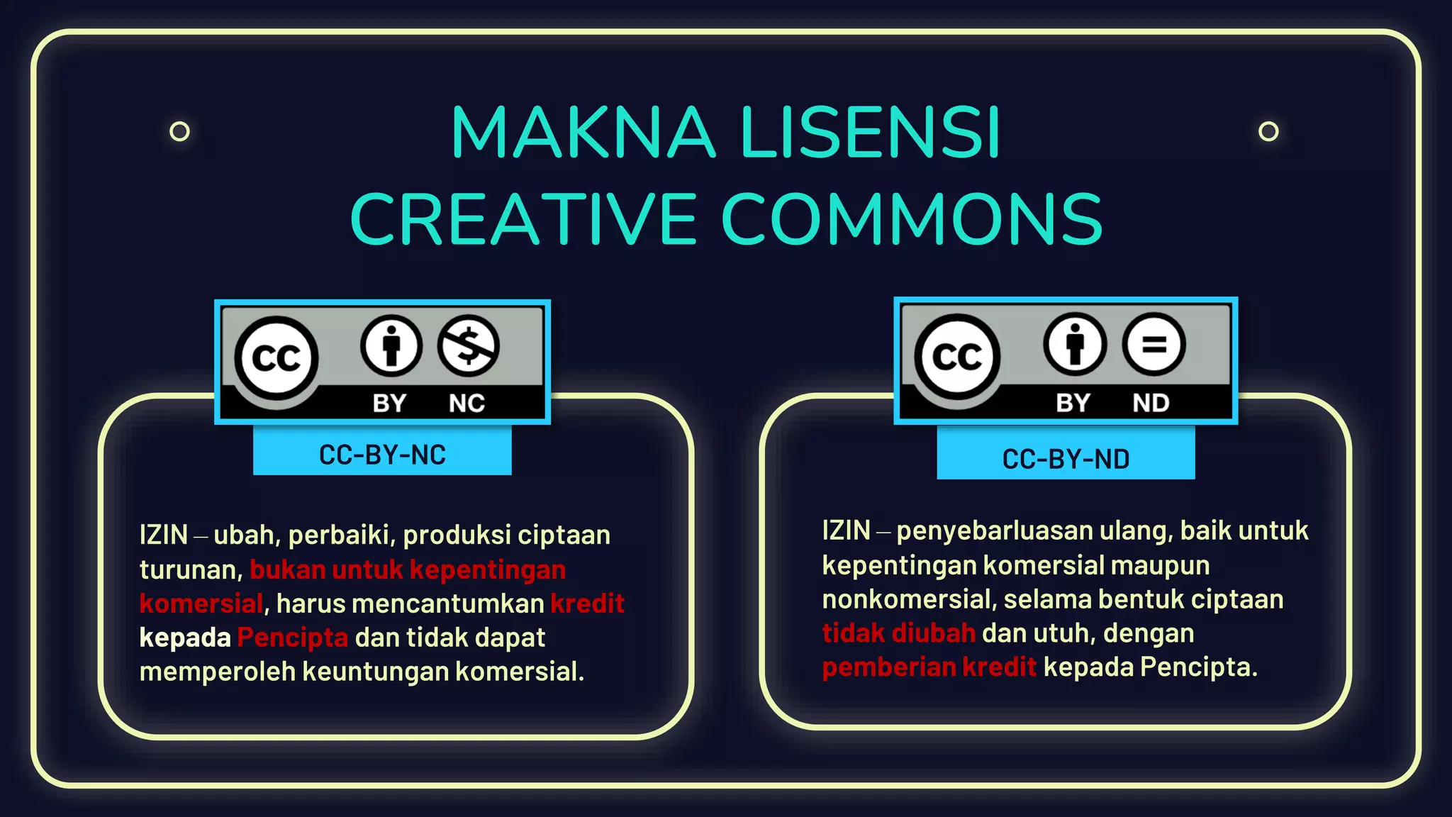 MAKNA LISENSI
CREATIVE COMMONS
IZIN – ubah, perbaiki, produksi ciptaan
turunan, bukan untuk kepentingan
komersial, harus mencantumkan kredit
kepada Pencipta dan tidak dapat
memperoleh keuntungan komersial.
IZIN – penyebarluasan ulang, baik untuk
kepentingan komersial maupun
nonkomersial, selama bentuk ciptaan
tidak diubah dan utuh, dengan
pemberian kredit kepada Pencipta.
CC-BY-NDCC-BY-NC
 