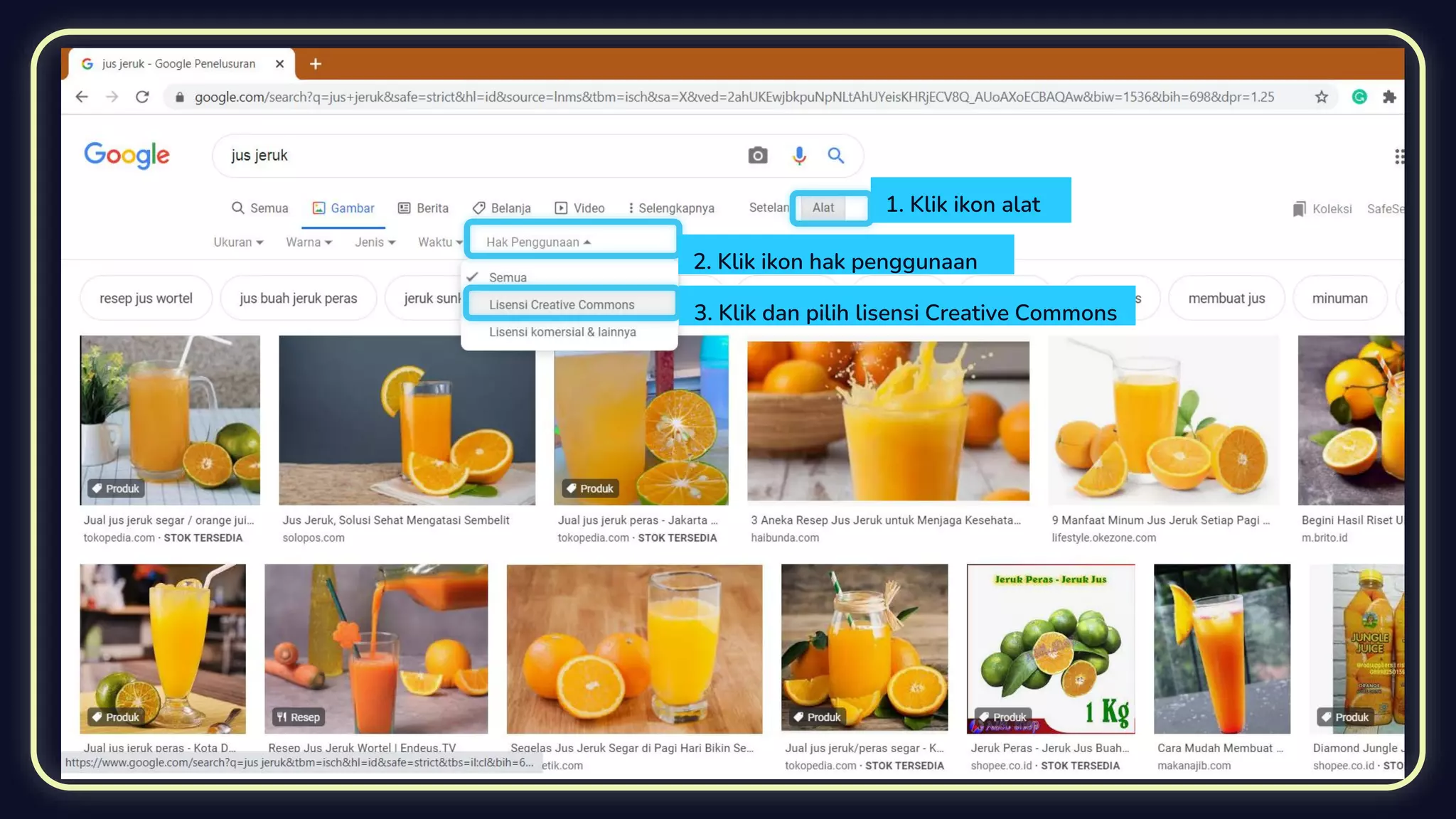 1. Klik ikon alat
2. Klik ikon hak penggunaan
3. Klik dan pilih lisensi Creative Commons
 