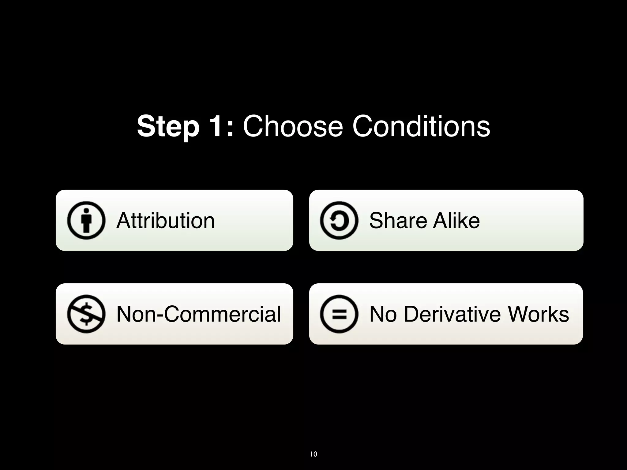 Step 1: Choose Conditions


Attribution           Share Alike



Non-Commercial        No Derivative Works




                 10
 