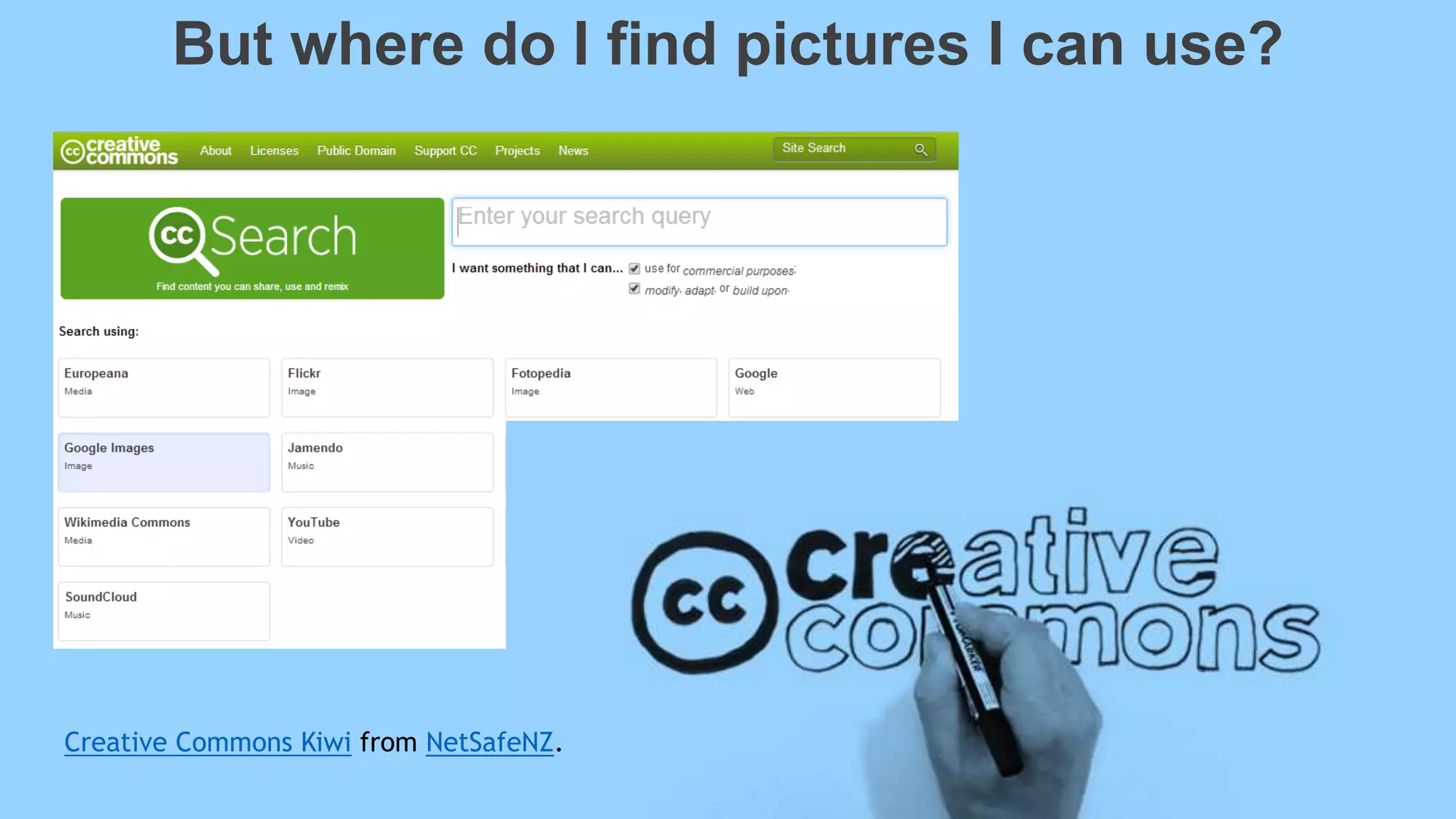 But where do I find pictures I can use?
Creative Commons Kiwi from NetSafeNZ.
 