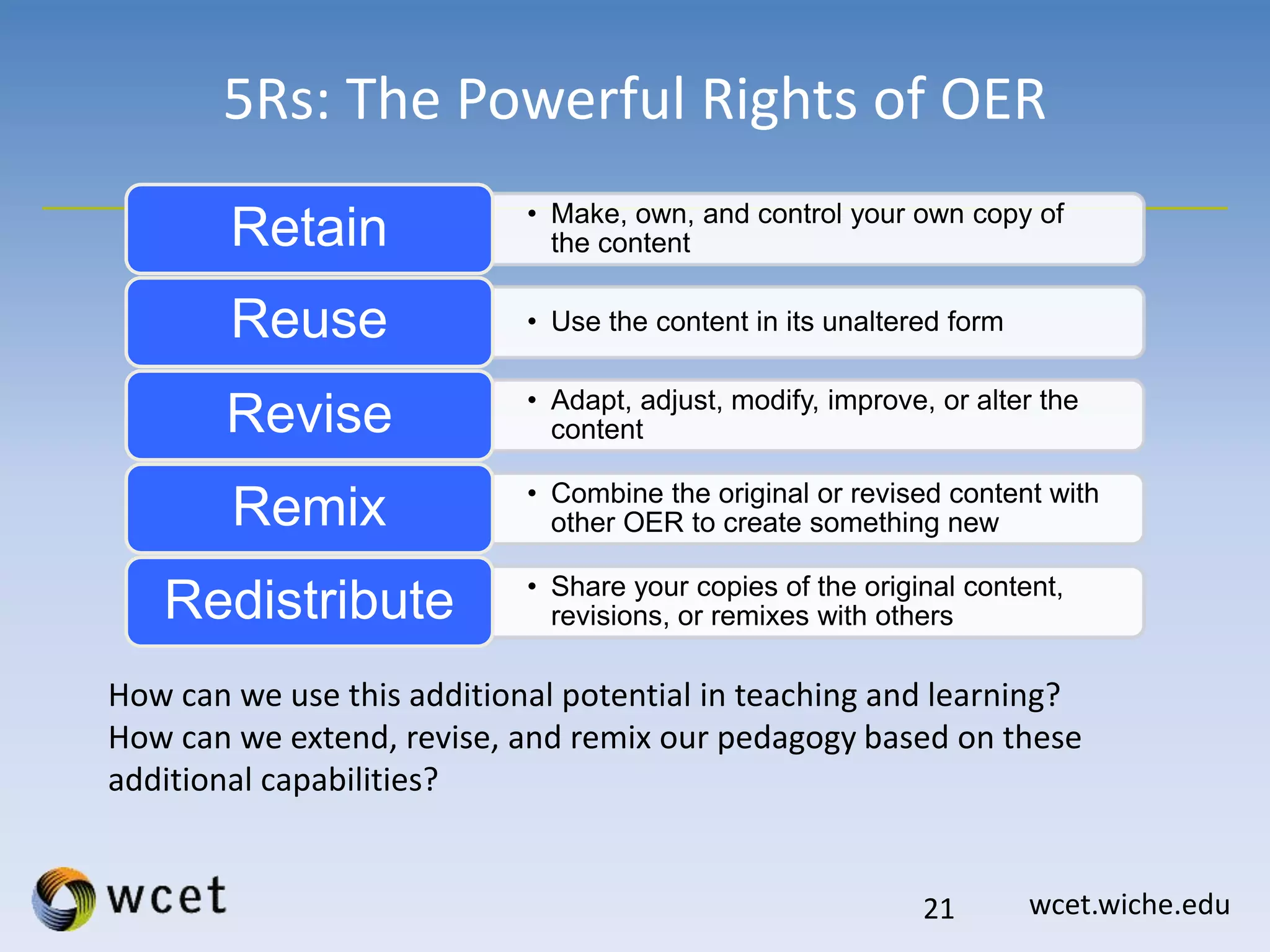 wcet.wiche.edu21
5Rs: The Powerful Rights of OER
• Make, own, and control your own copy of
the contentRetain
• Use the content in its unaltered formReuse
• Adapt, adjust, modify, improve, or alter the
contentRevise
• Combine the original or revised content with
other OER to create something newRemix
• Share your copies of the original content,
revisions, or remixes with othersRedistribute
How can we use this additional potential in teaching and learning?
How can we extend, revise, and remix our pedagogy based on these
additional capabilities?
 