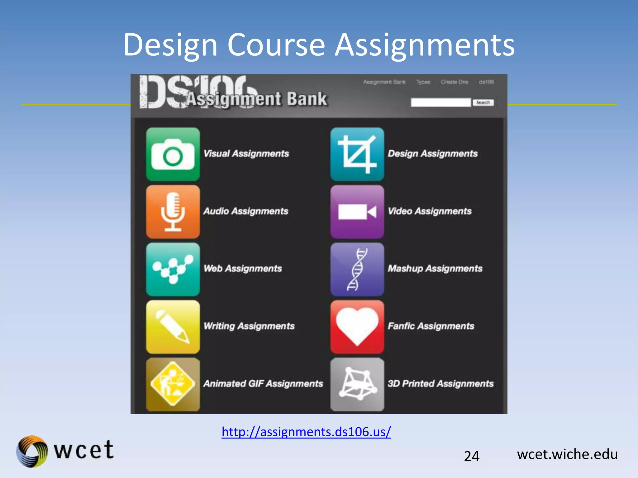 wcet.wiche.edu
Design Course Assignments
24
http://assignments.ds106.us/
 