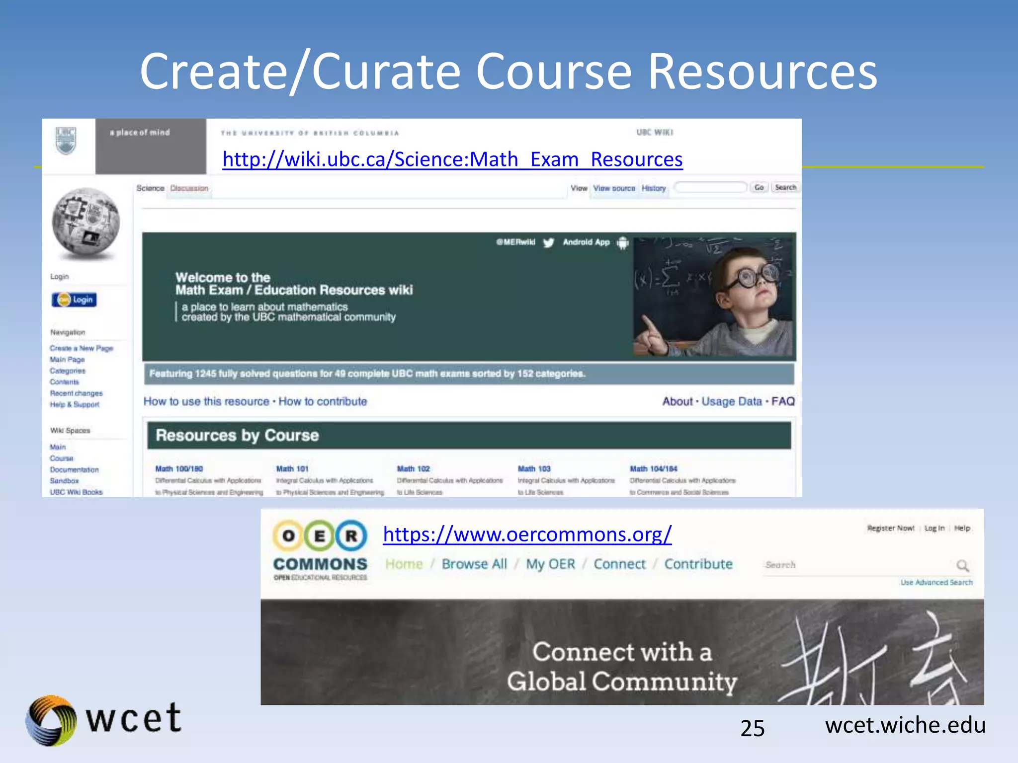 wcet.wiche.edu
Create/Curate Course Resources
25
http://wiki.ubc.ca/Science:Math_Exam_Resources
https://www.oercommons.org/
 