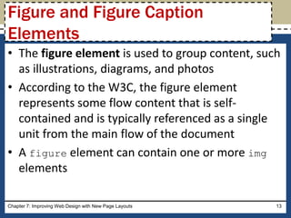 • The figure element is used to group content, such
as illustrations, diagrams, and photos
• According to the W3C, the figure element
represents some flow content that is self-
contained and is typically referenced as a single
unit from the main flow of the document
• A figure element can contain one or more img
elements
Chapter 7: Improving Web Design with New Page Layouts 13
Figure and Figure Caption
Elements
 