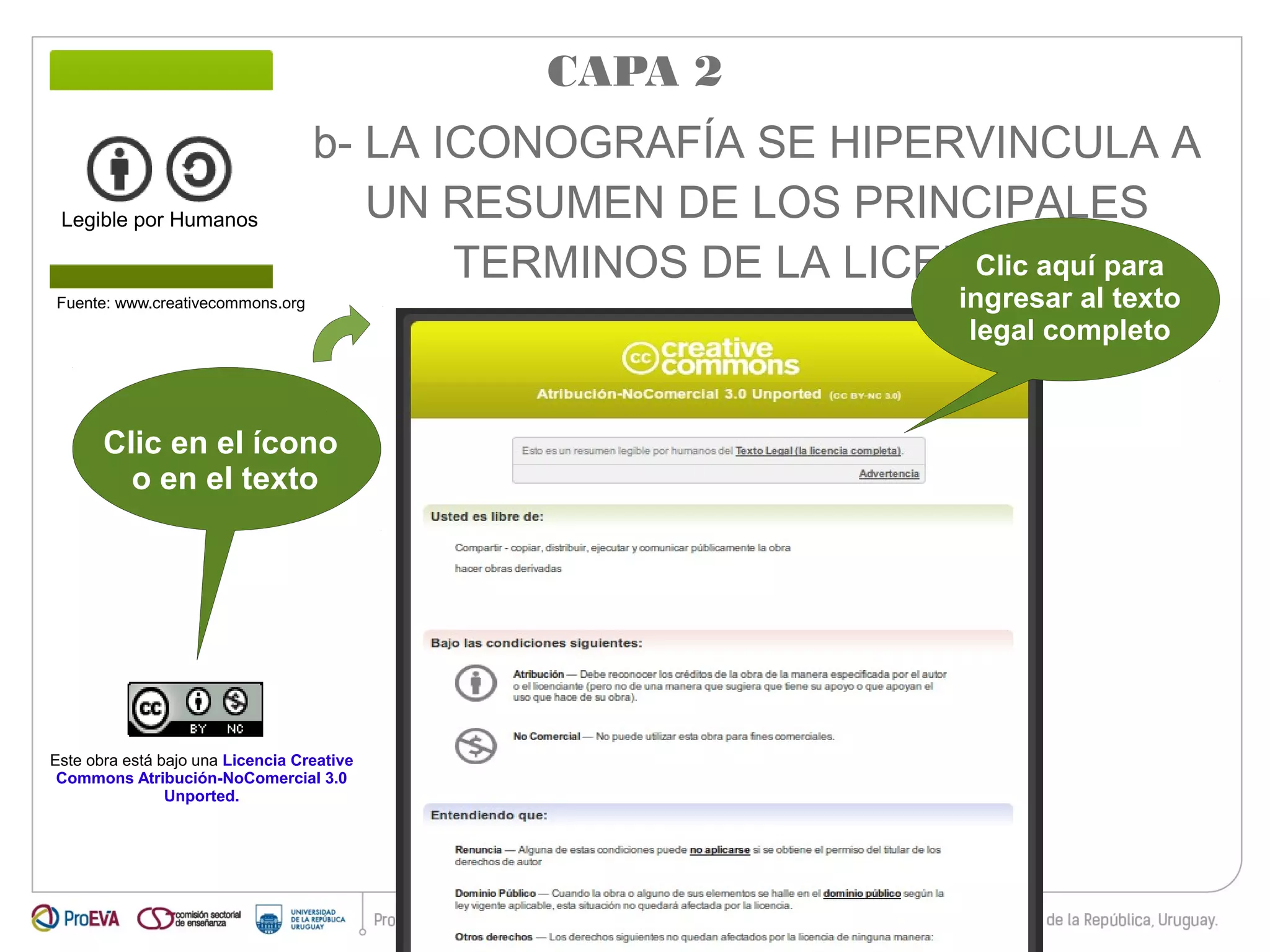 b- LA ICONOGRAFÍA SE HIPERVINCULA A 
UN RESUMEN DE LOS PRINCIPALES 
TERMINOS DE LA LICENCIA 
Legible por Humanos 
Fuente: www.creativecommons.org 
Clic en el ícono 
o en el texto 
Este obra está bajo una Licencia Creative 
Commons Atribución-NoComercial 3.0 
Unported. 
CAPA 2 
Clic aquí para 
ingresar al texto 
legal completo 
 