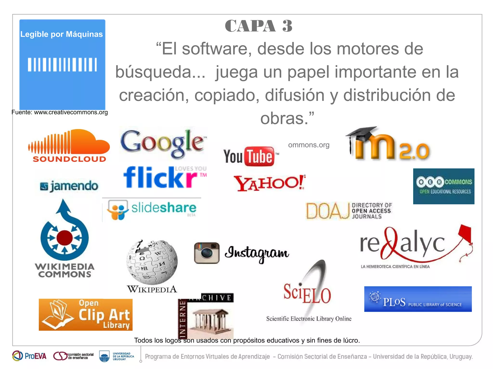 Legible por Máquinas 
Fuente: www.creativecommons.org 
CAPA 3 
“El software, desde los motores de 
búsqueda... juega un papel importante en la 
creación, copiado, difusión y distribución de 
obras.” 
www.creativecommons.org 
Todos los logos son usados con propósitos educativos y sin fines de lúcro. 
 