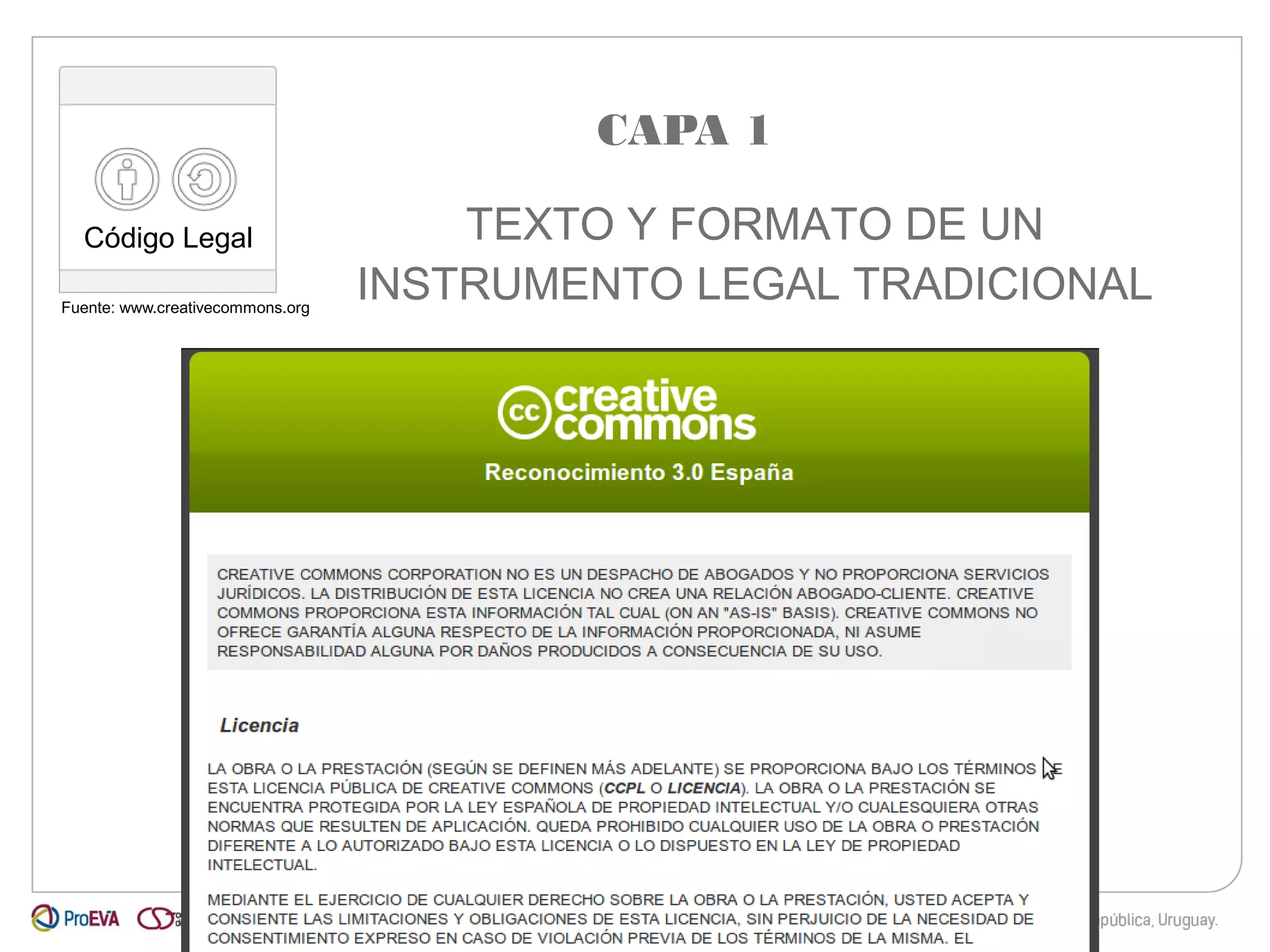 Código Legal 
Fuente: www.creativecommons.org 
CAPA 1 
TEXTO Y FORMATO DE UN 
INSTRUMENTO LEGAL TRADICIONAL 
 
