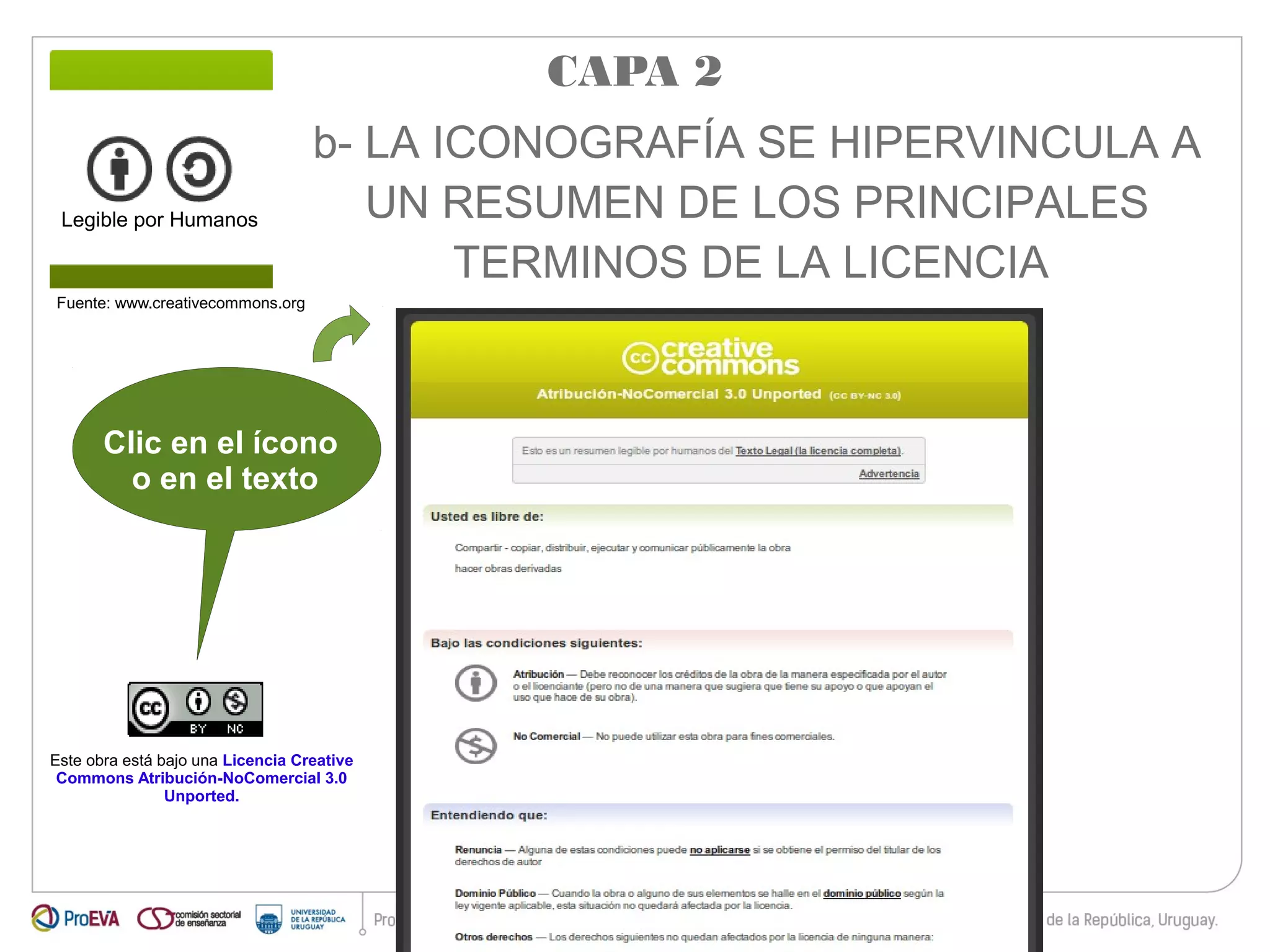 b- LA ICONOGRAFÍA SE HIPERVINCULA A 
UN RESUMEN DE LOS PRINCIPALES 
TERMINOS DE LA LICENCIA 
Legible por Humanos 
Fuente: www.creativecommons.org 
Clic en el ícono 
o en el texto 
Este obra está bajo una Licencia Creative 
Commons Atribución-NoComercial 3.0 
Unported. 
CAPA 2 
 
