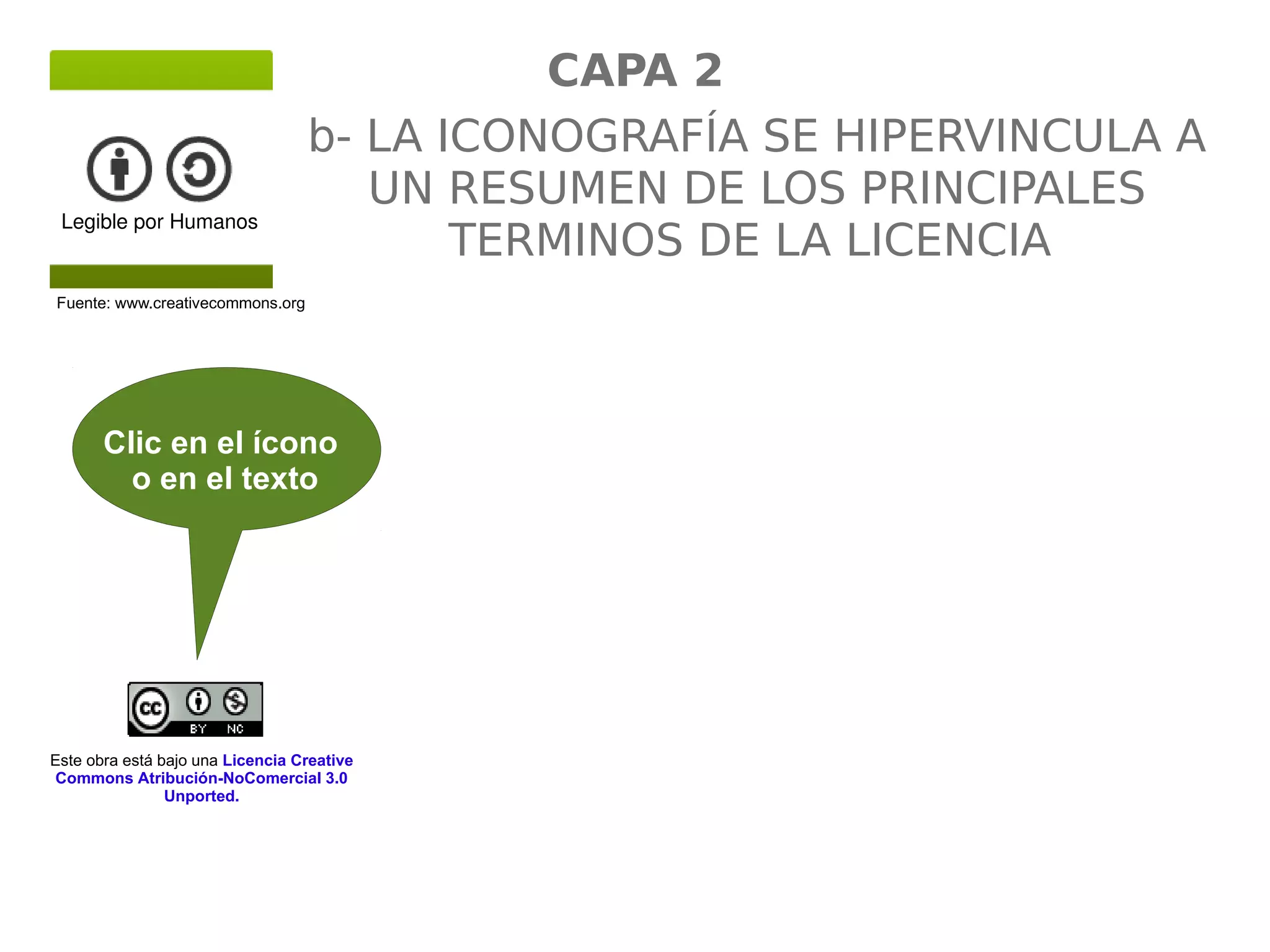 b- LA ICONOGRAFÍA SE HIPERVINCULA A 
UN RESUMEN DE LOS PRINCIPALES 
TERMINOS DE LA LICENCIA Legible por Humanos 
Fuente: www.creativecommons.org 
Clic en el ícono 
o en el texto 
Este obra está bajo una Licencia Creative 
Commons Atribución-NoComercial 3.0 
Unported. 
CAPA 2 
Clic aquí para 
ingresar al texto 
legal completo 
 