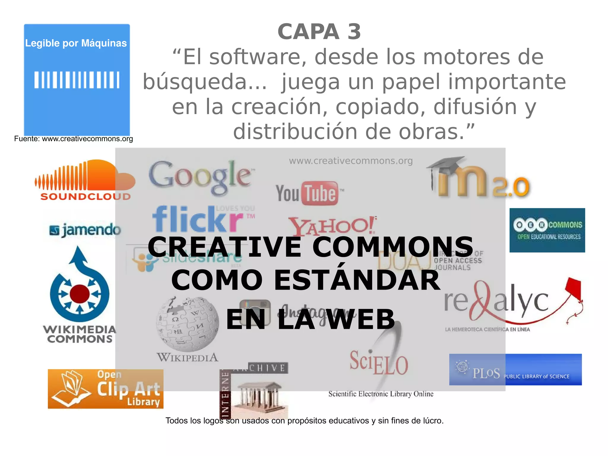 Legible por Máquinas 
Fuente: www.creativecommons.org 
CAPA 3 
“El software, desde los motores de 
búsqueda... juega un papel importante 
en la creación, copiado, difusión y 
distribución de obras.” 
www.creativecommons.org 
CREATIVE COMMONS 
COMO ESTÁNDAR 
EN LA WEB 
Todos los logos son usados con propósitos educativos y sin fines de lúcro. 
 