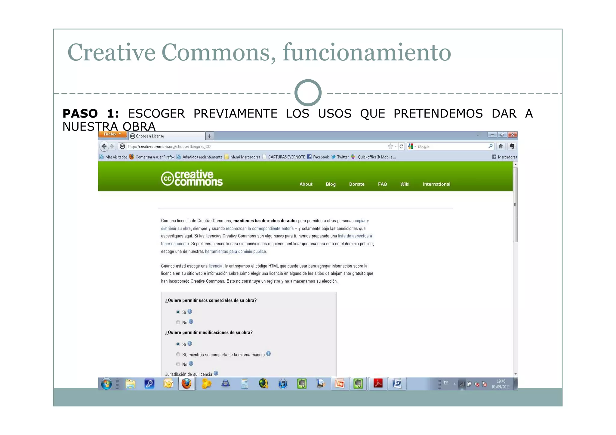 Creative Commons, funcionamiento

PASO 1: ESCOGER PREVIAMENTE LOS USOS QUE PRETENDEMOS DAR A
NUESTRA OBRA
 