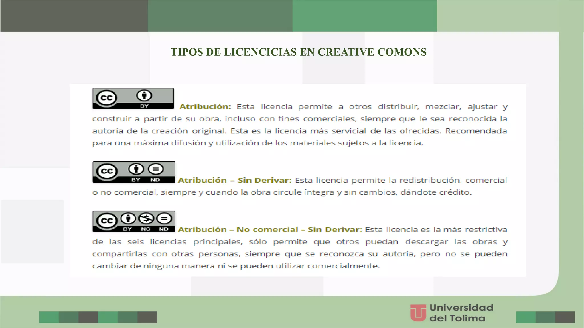 TIPOS DE LICENCICIAS EN CREATIVE COMONS
 