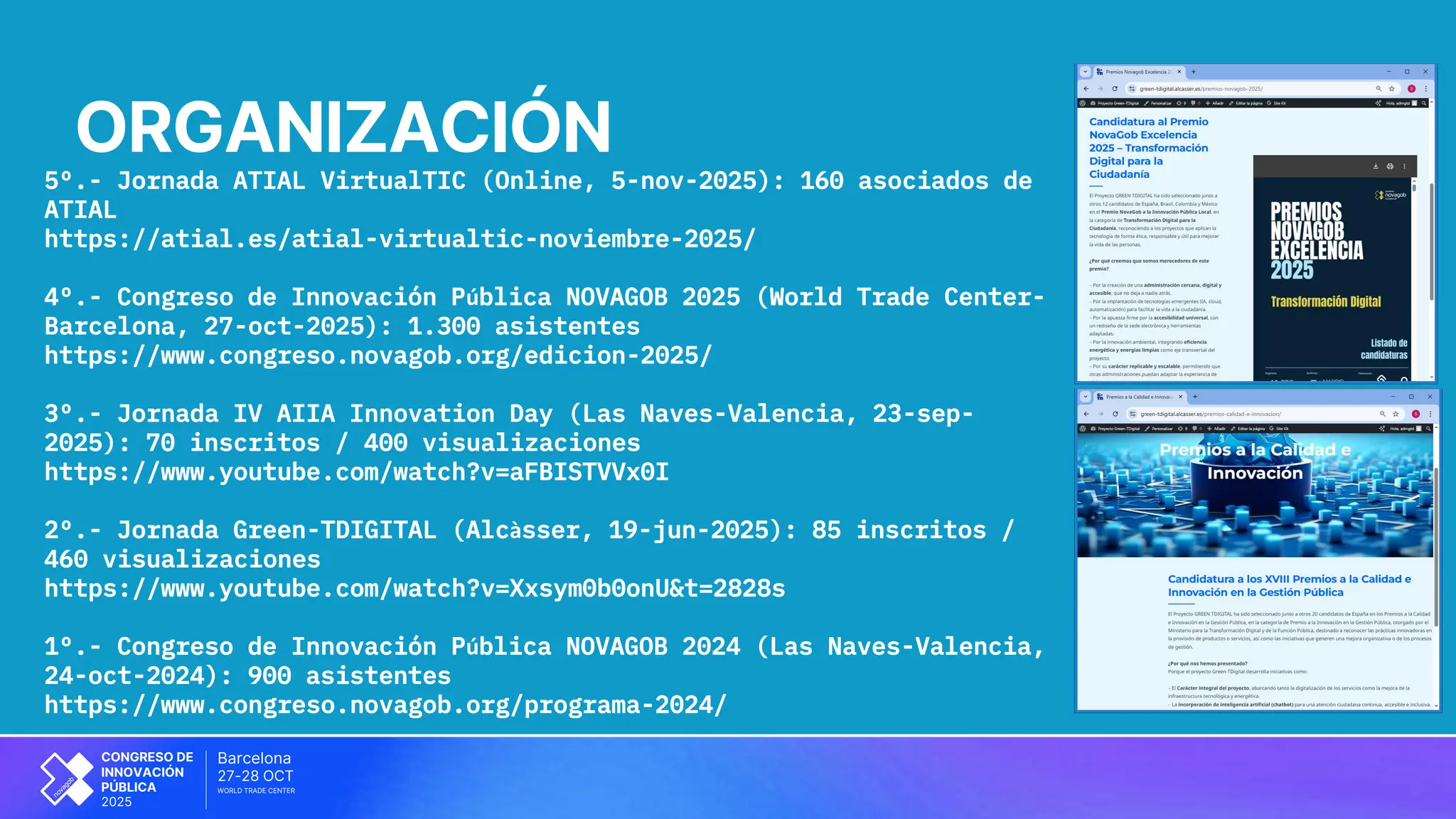 OCT
Barcelona
27-28
CONGRESO DE
INNOVACIÓN
PÚBLICA
2025
WORLD TRADE CENTER
5º.- Jornada ATIAL VirtualTIC (Online, 5-nov-2025): 160 asociados de
ATIAL
https://atial.es/atial-virtualtic-noviembre-2025/
4º.- Congreso de Innovación Pública NOVAGOB 2025 (World Trade Center-
Barcelona, 27-oct-2025): 1.300 asistentes
https://www.congreso.novagob.org/edicion-2025/
3º.- Jornada IV AIIA Innovation Day (Las Naves-Valencia, 23-sep-
2025): 70 inscritos / 400 visualizaciones
https://www.youtube.com/watch?v=aFBISTVVx0I
2º.- Jornada Green-TDIGITAL (Alcàsser, 19-jun-2025): 85 inscritos /
460 visualizaciones
https://www.youtube.com/watch?v=Xxsym0b0onU&t=2828s
1º.- Congreso de Innovación Pública NOVAGOB 2024 (Las Naves-Valencia,
24-oct-2024): 900 asistentes
https://www.congreso.novagob.org/programa-2024/
ORGANIZACIÓN
 