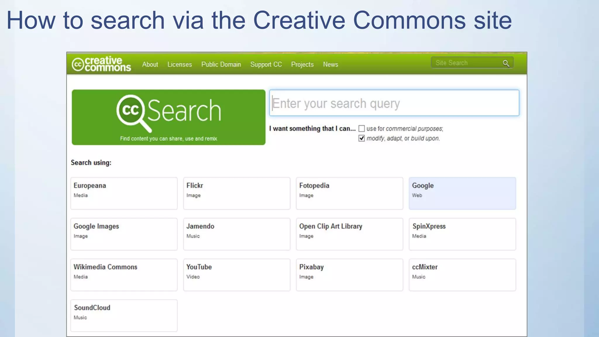 How to search via the Creative Commons site
 
