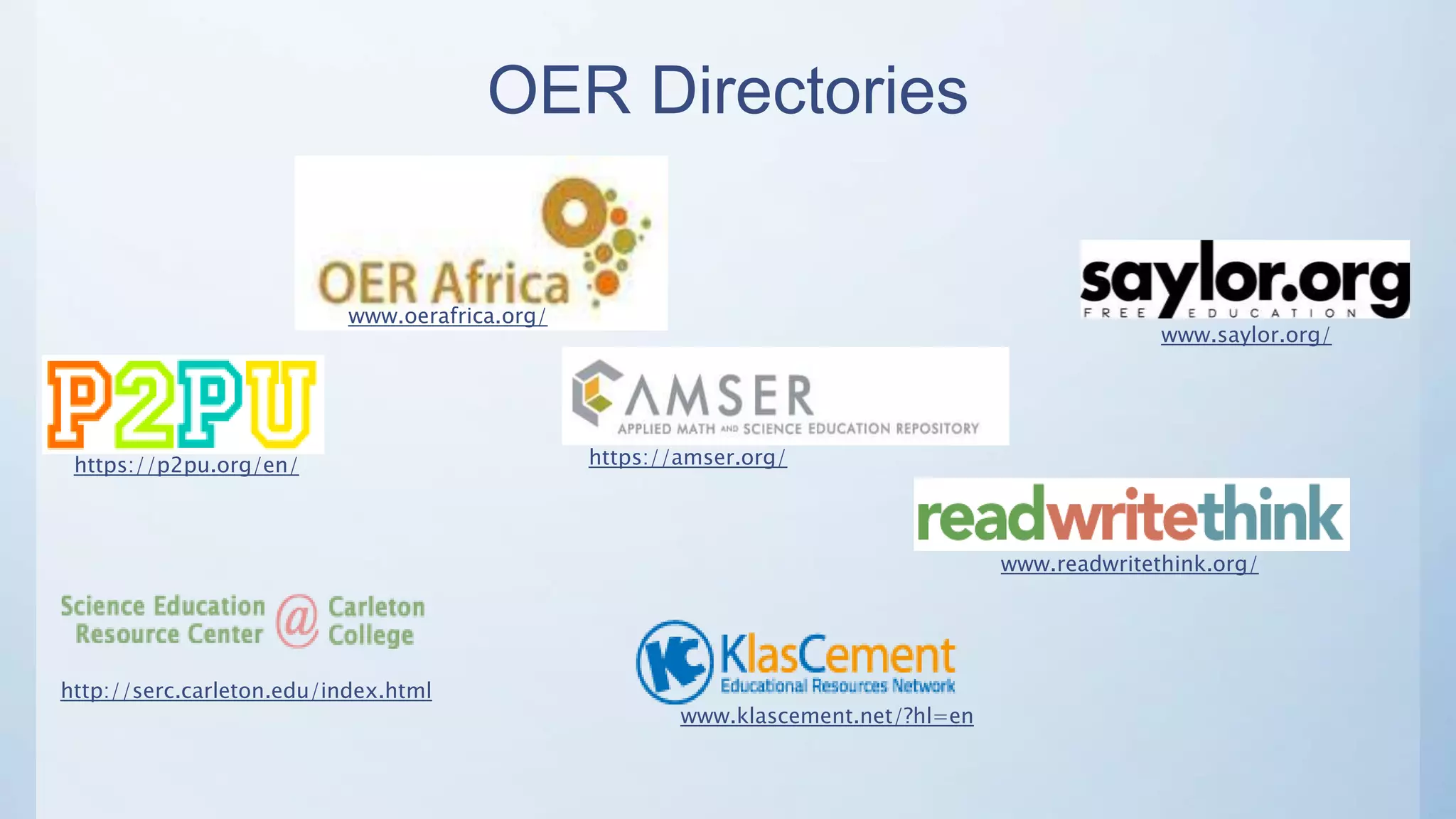 OER Directories
www.oerafrica.org/
https://amser.org/
http://serc.carleton.edu/index.html
www.readwritethink.org/
https://p2pu.org/en/
www.saylor.org/
www.klascement.net/?hl=en
 