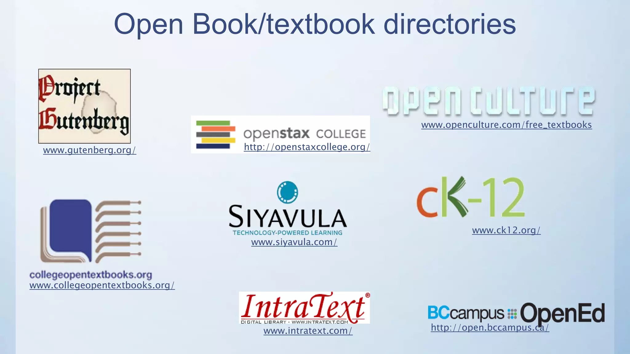 Open Book/textbook directories
www.gutenberg.org/
www.openculture.com/free_textbooks
www.intratext.com/
www.siyavula.com/
www.ck12.org/
www.collegeopentextbooks.org/
http://openstaxcollege.org/
http://open.bccampus.ca/
 
