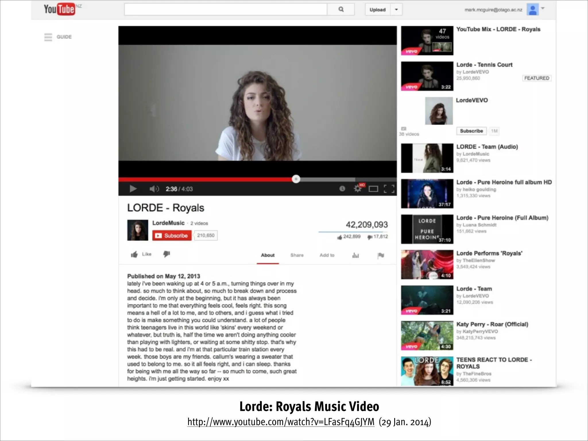 Lorde: Royals Music Video
http://www.youtube.com/watch?v=LFasFq4GJYM (29 Jan. 2014)

 