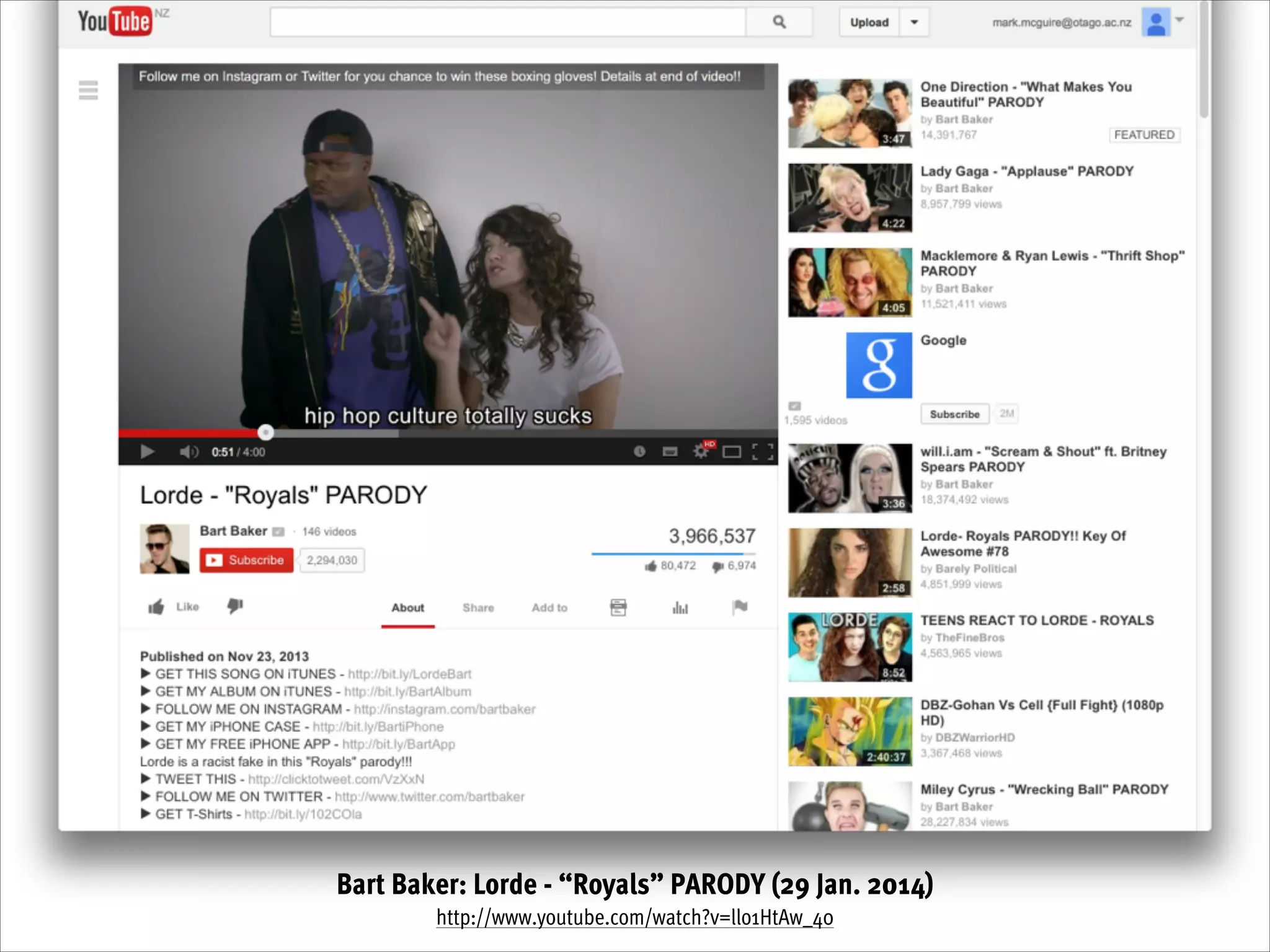 Bart Baker: Lorde - “Royals” PARODY (29 Jan. 2014)
http://www.youtube.com/watch?v=llo1HtAw_40

 
